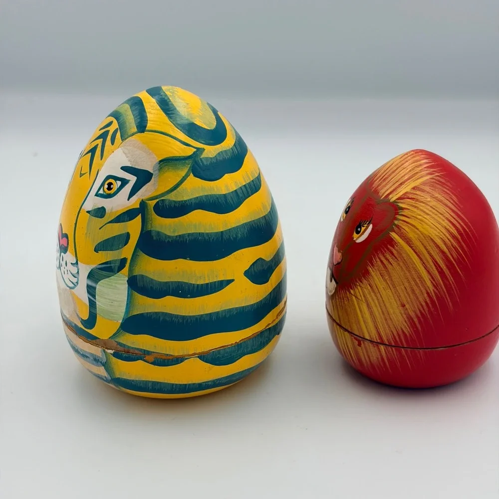 Vintage Hand Painted Wooden Nesting Egg Set Tiger and Lion Safari Folk Art 2pc